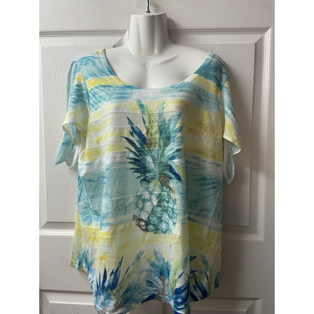 Time & True Womens Top XL Short Tie Sleeve Sequin Pineapple Tropical Fruit
